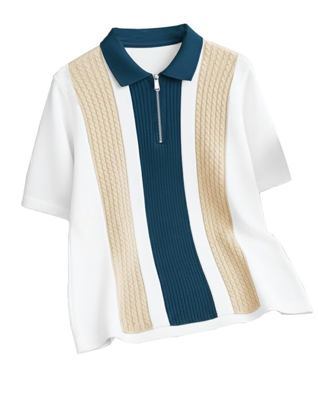 AUSK Men's Retro Cable-Knit Quarter-Zip Polo | Premium Textured Self-Design Half Sleeve T-Shirt for Men