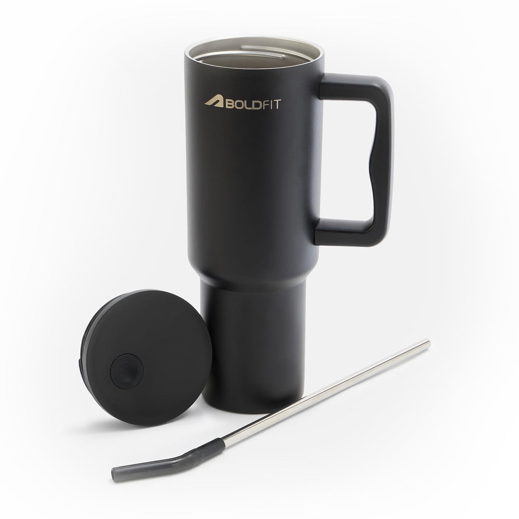Boldfit Tumbler Bottle with Lid and Straw 1.2L Stainless Steel Water Tumbler | Leakproof Travel Mug with Handle & Reusable Straw Sipper with Cleaning Brush 1200ml