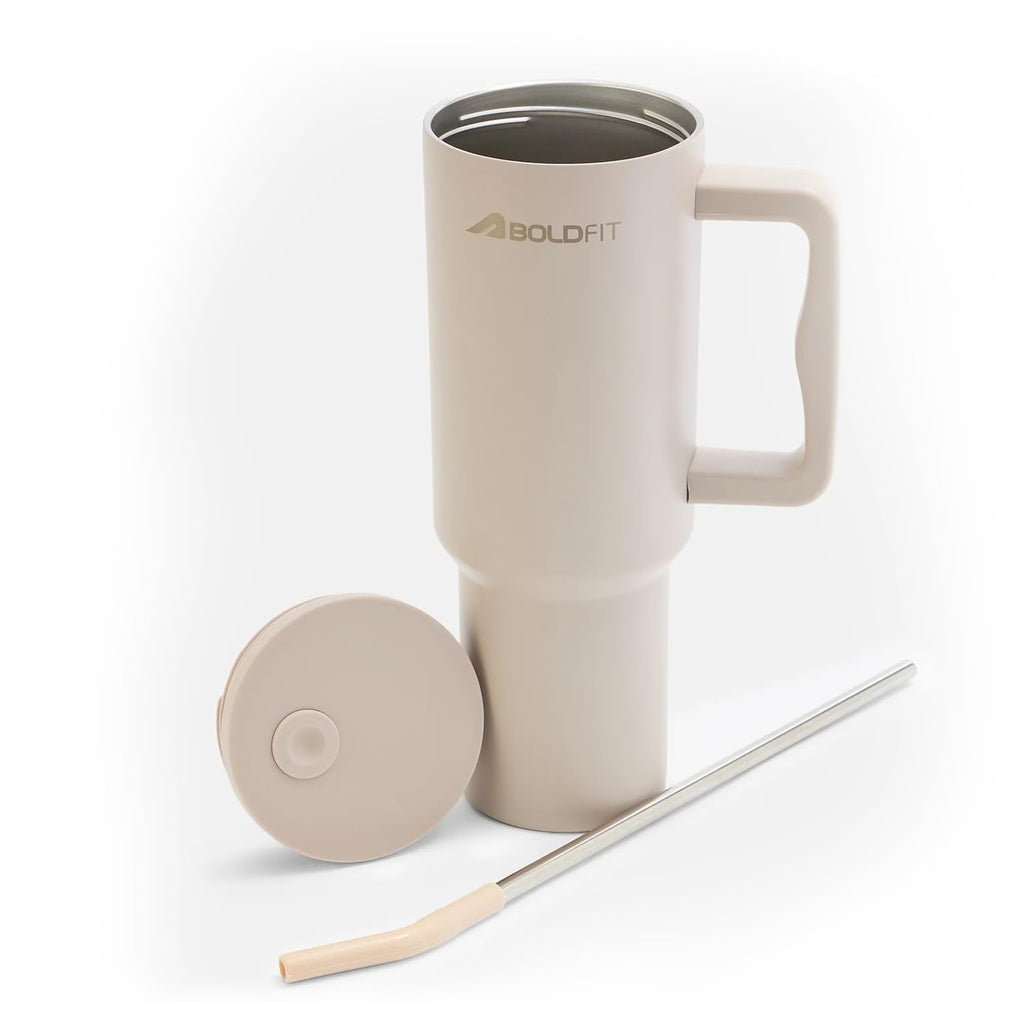 Boldfit Tumbler Bottle with Lid and Straw 1.2L Stainless Steel Water Tumbler | Leakproof Travel Mug with Handle & Reusable Straw Sipper with Cleaning Brush 1200ml