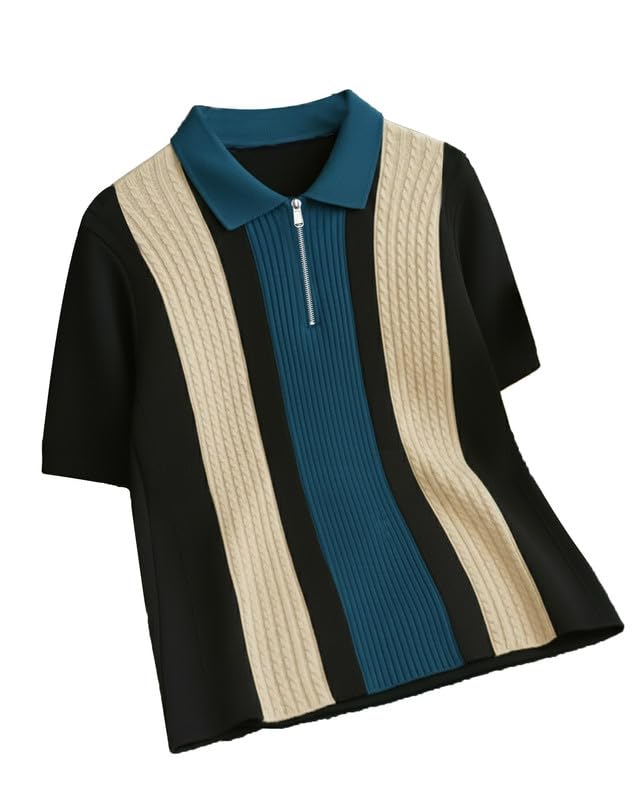 AUSK Men's Retro Cable-Knit Quarter-Zip Polo | Premium Textured Self-Design Half Sleeve T-Shirt for Men