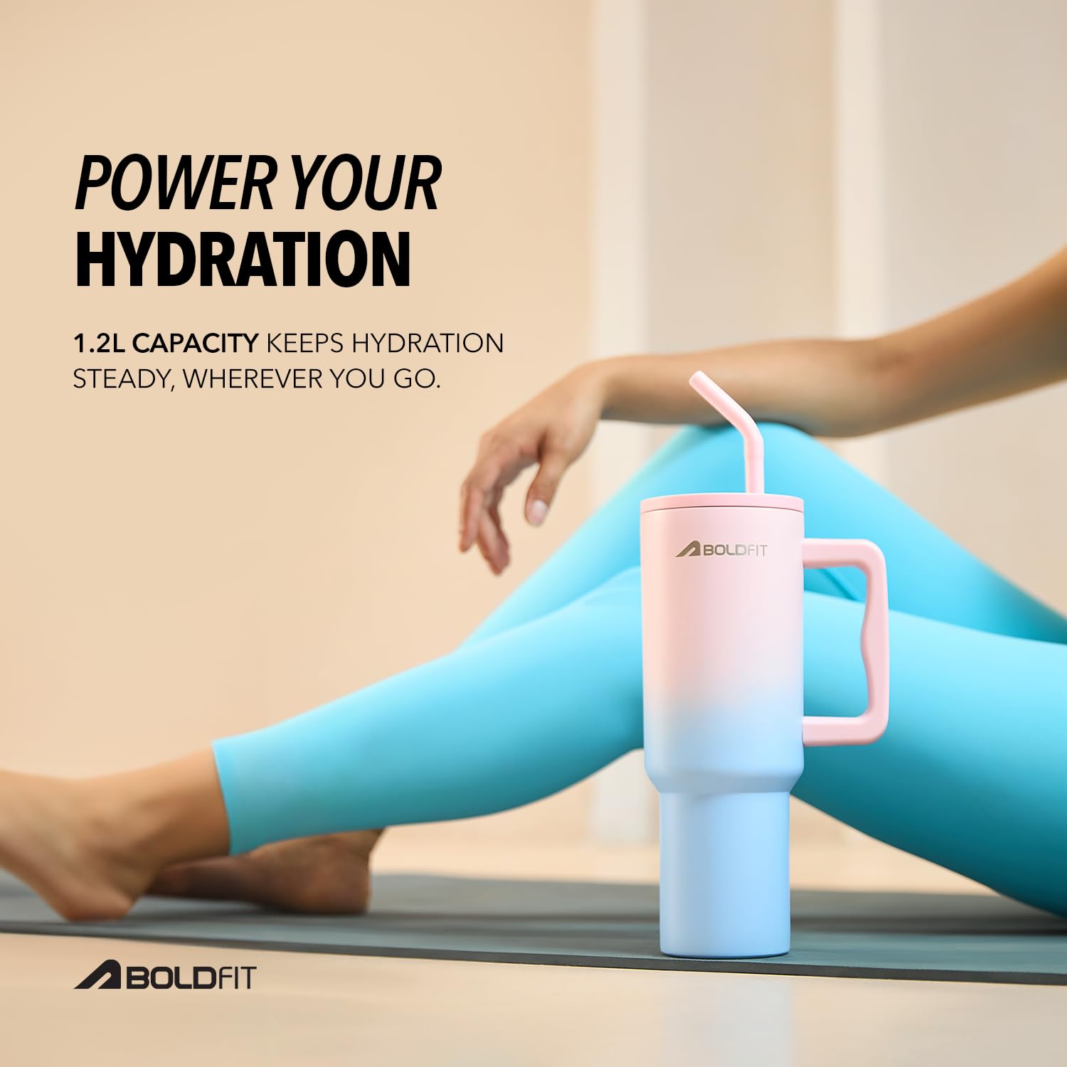Boldfit Tumbler Bottle with Lid and Straw 1.2L Stainless Steel Water Tumbler | Leakproof Travel Mug with Handle & Reusable Straw Sipper with Cleaning Brush 1200ml