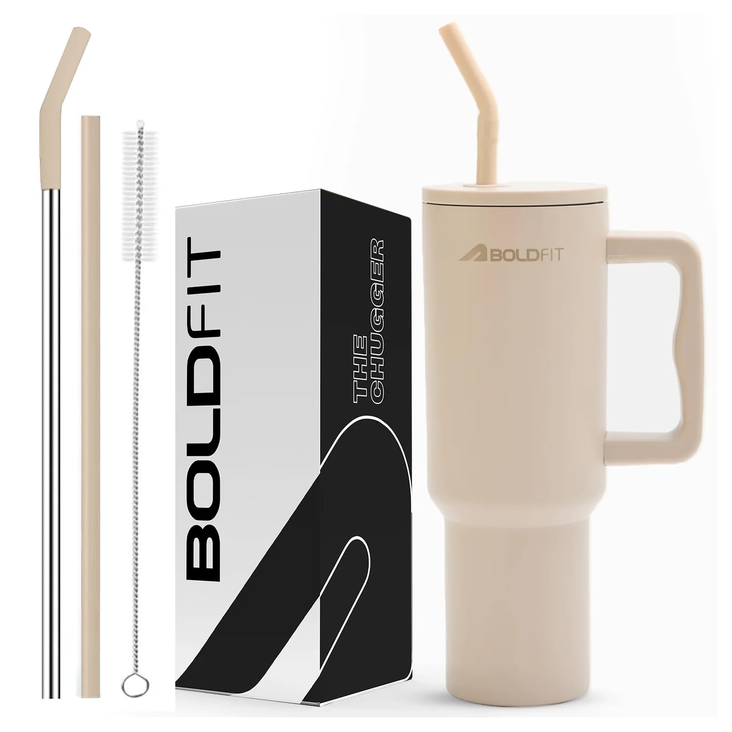 Boldfit Tumbler Bottle with Lid and Straw 1.2L Stainless Steel Water Tumbler | Leakproof Travel Mug with Handle & Reusable Straw Sipper with Cleaning Brush 1200ml
