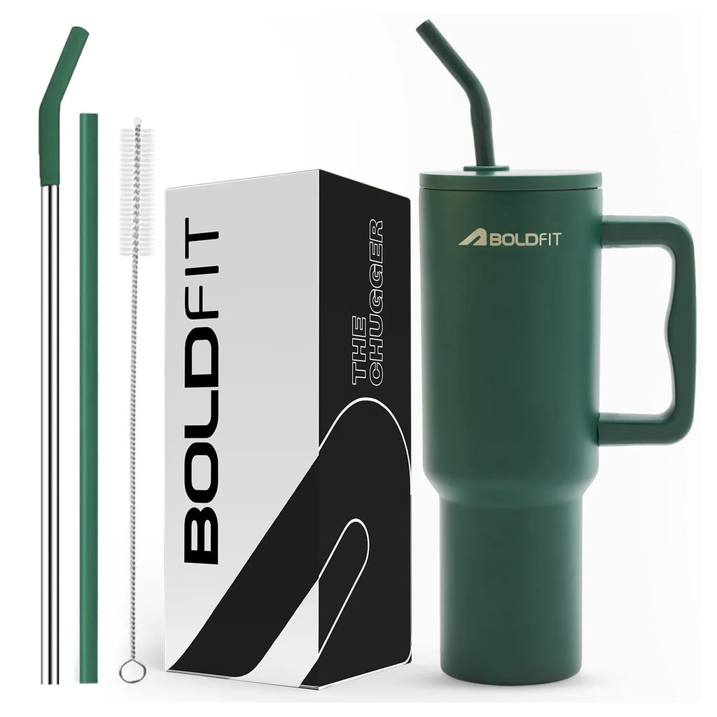 Boldfit Tumbler Bottle with Lid and Straw 1.2L Stainless Steel Water Tumbler | Leakproof Travel Mug with Handle & Reusable Straw Sipper with Cleaning Brush 1200ml