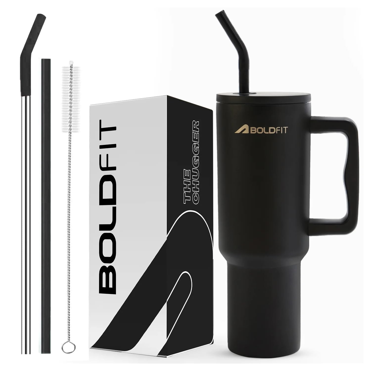 Boldfit Tumbler Bottle with Lid and Straw 1.2L Stainless Steel Water Tumbler | Leakproof Travel Mug with Handle & Reusable Straw Sipper with Cleaning Brush 1200ml