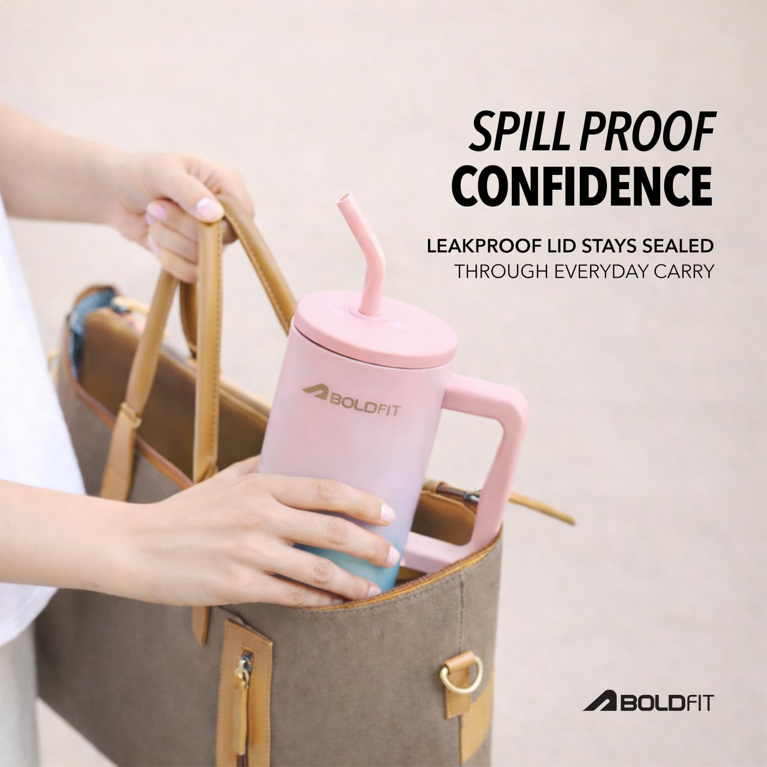 Boldfit Tumbler Bottle with Lid and Straw 1.2L Stainless Steel Water Tumbler | Leakproof Travel Mug with Handle & Reusable Straw Sipper with Cleaning Brush 1200ml