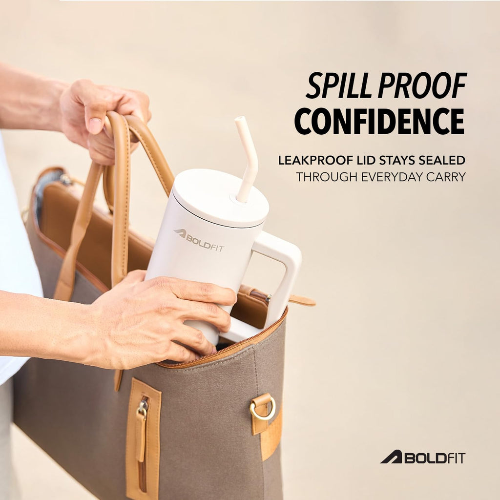 Boldfit Tumbler Bottle with Lid and Straw 1.2L Stainless Steel Water Tumbler | Leakproof Travel Mug with Handle & Reusable Straw Sipper with Cleaning Brush 1200ml