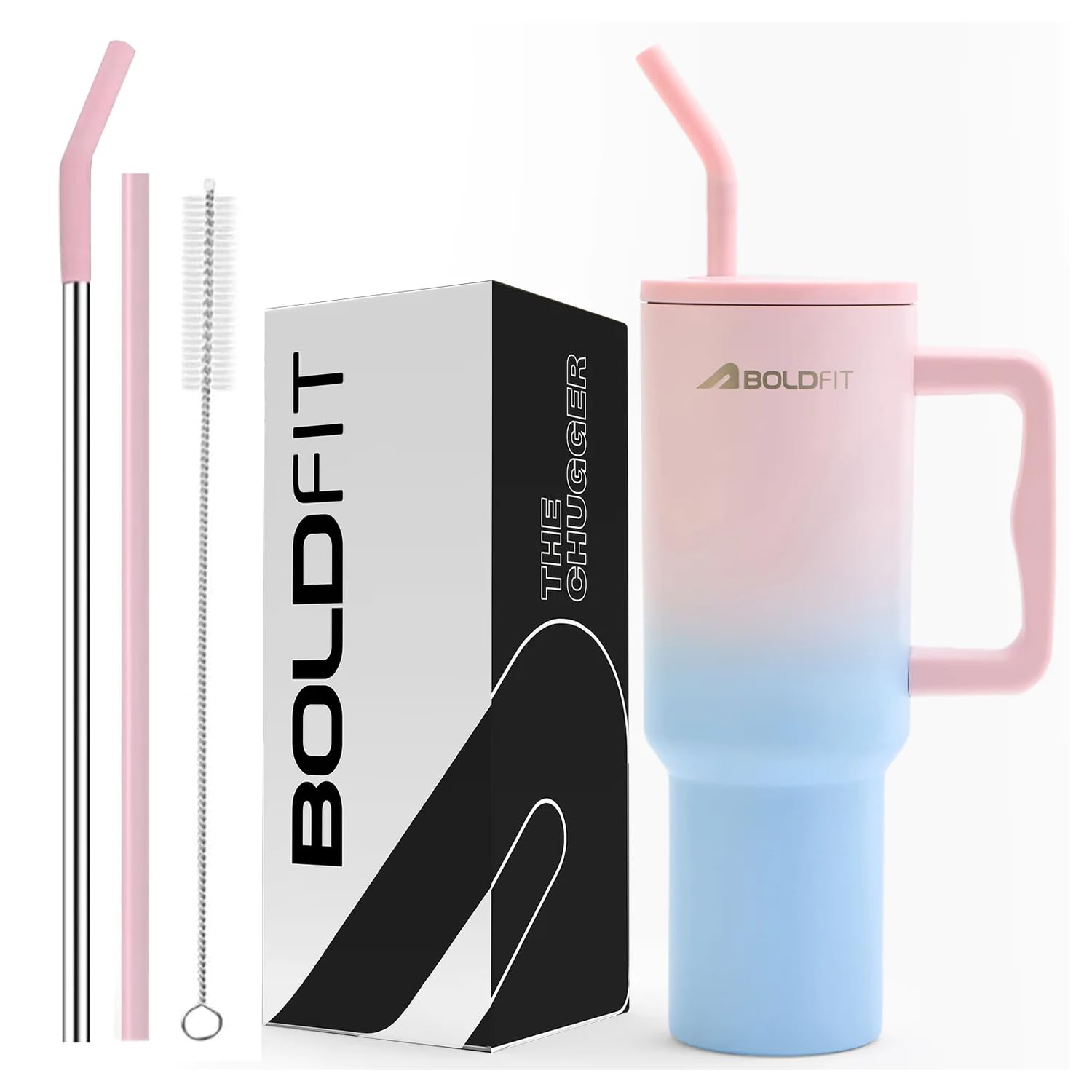 Boldfit Tumbler Bottle with Lid and Straw 1.2L Stainless Steel Water Tumbler | Leakproof Travel Mug with Handle & Reusable Straw Sipper with Cleaning Brush 1200ml