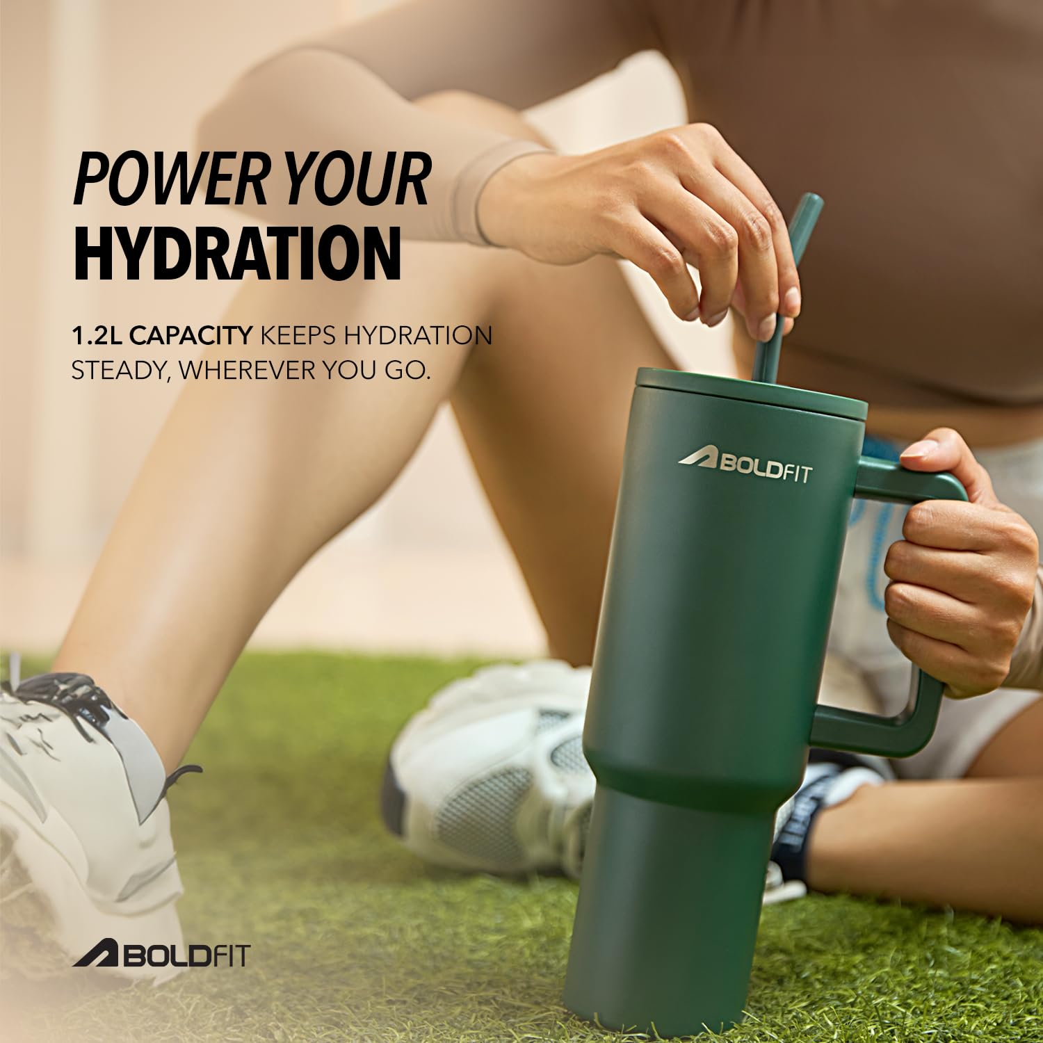 Boldfit Tumbler Bottle with Lid and Straw 1.2L Stainless Steel Water Tumbler | Leakproof Travel Mug with Handle & Reusable Straw Sipper with Cleaning Brush 1200ml