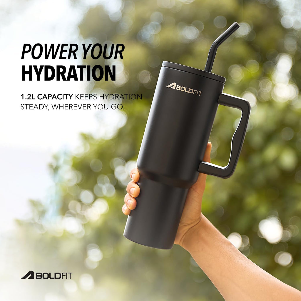 Boldfit Tumbler Bottle with Lid and Straw 1.2L Stainless Steel Water Tumbler | Leakproof Travel Mug with Handle & Reusable Straw Sipper with Cleaning Brush 1200ml