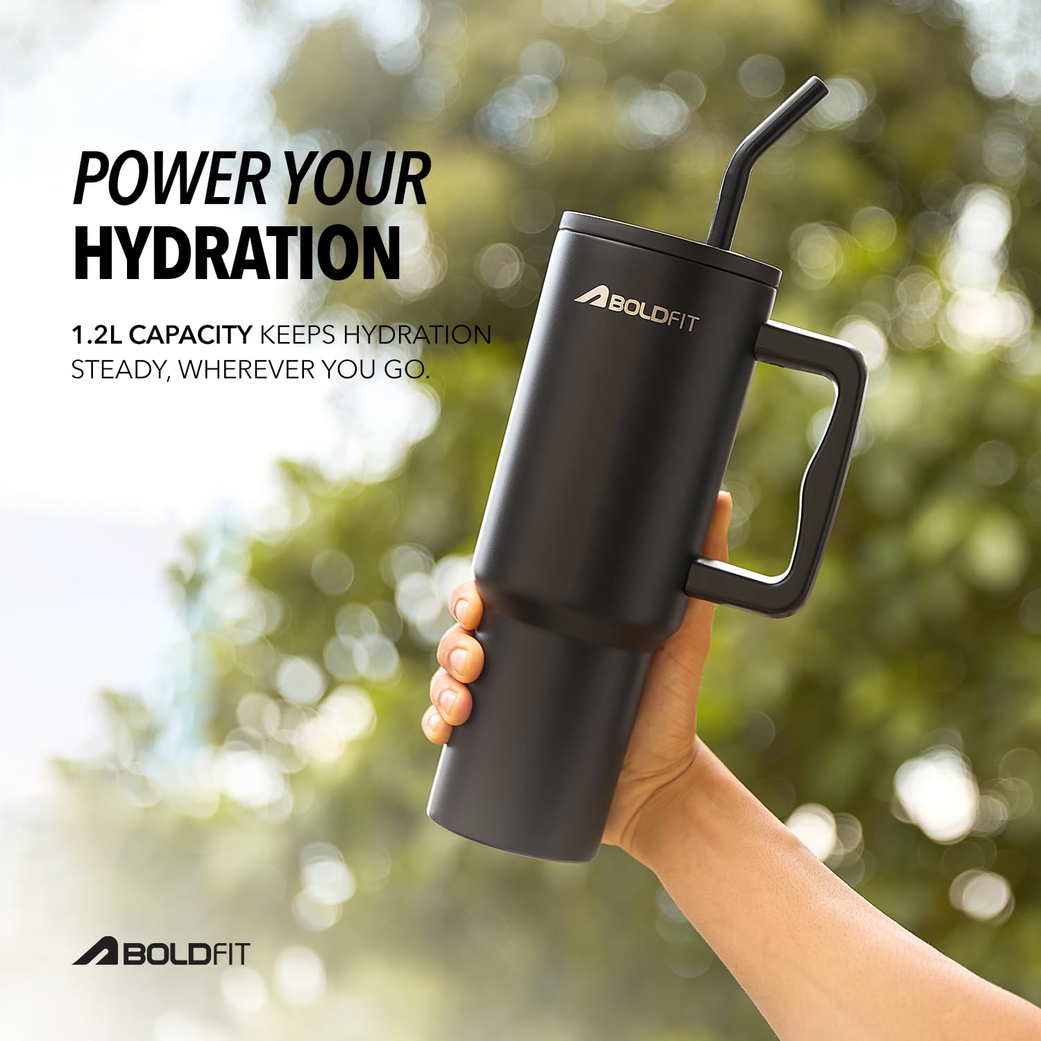 Boldfit Tumbler Bottle with Lid and Straw 1.2L Stainless Steel Water Tumbler | Leakproof Travel Mug with Handle & Reusable Straw Sipper with Cleaning Brush 1200ml