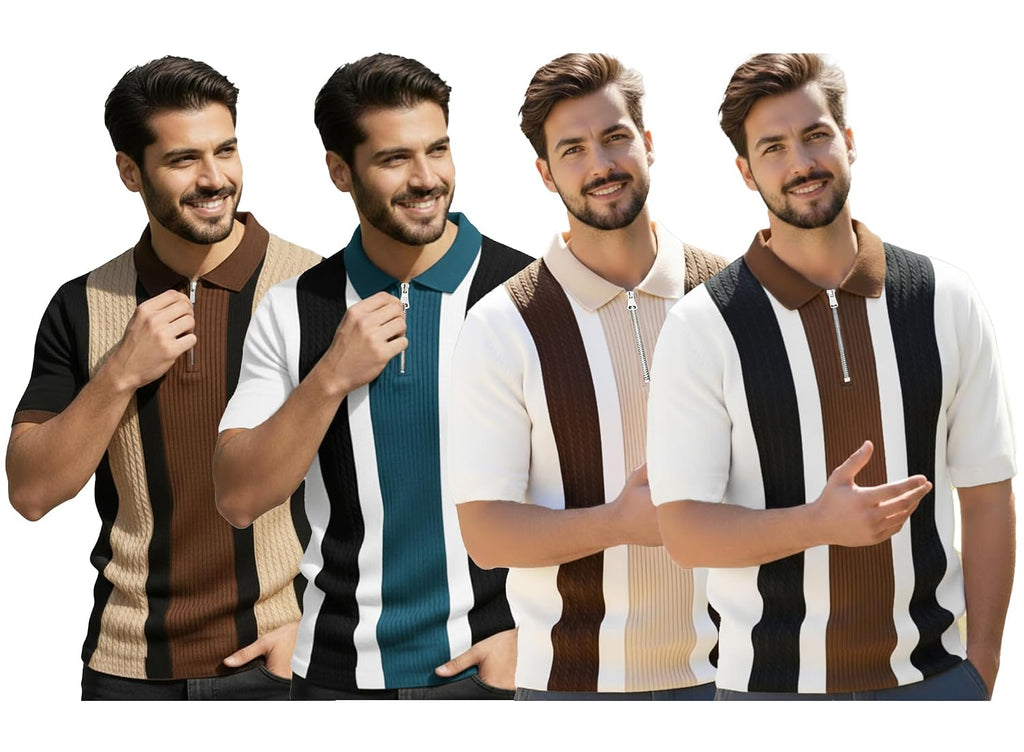 AUSK Men's Retro Cable-Knit Quarter-Zip Polo | Premium Textured Self-Design Half Sleeve T-Shirt for Men