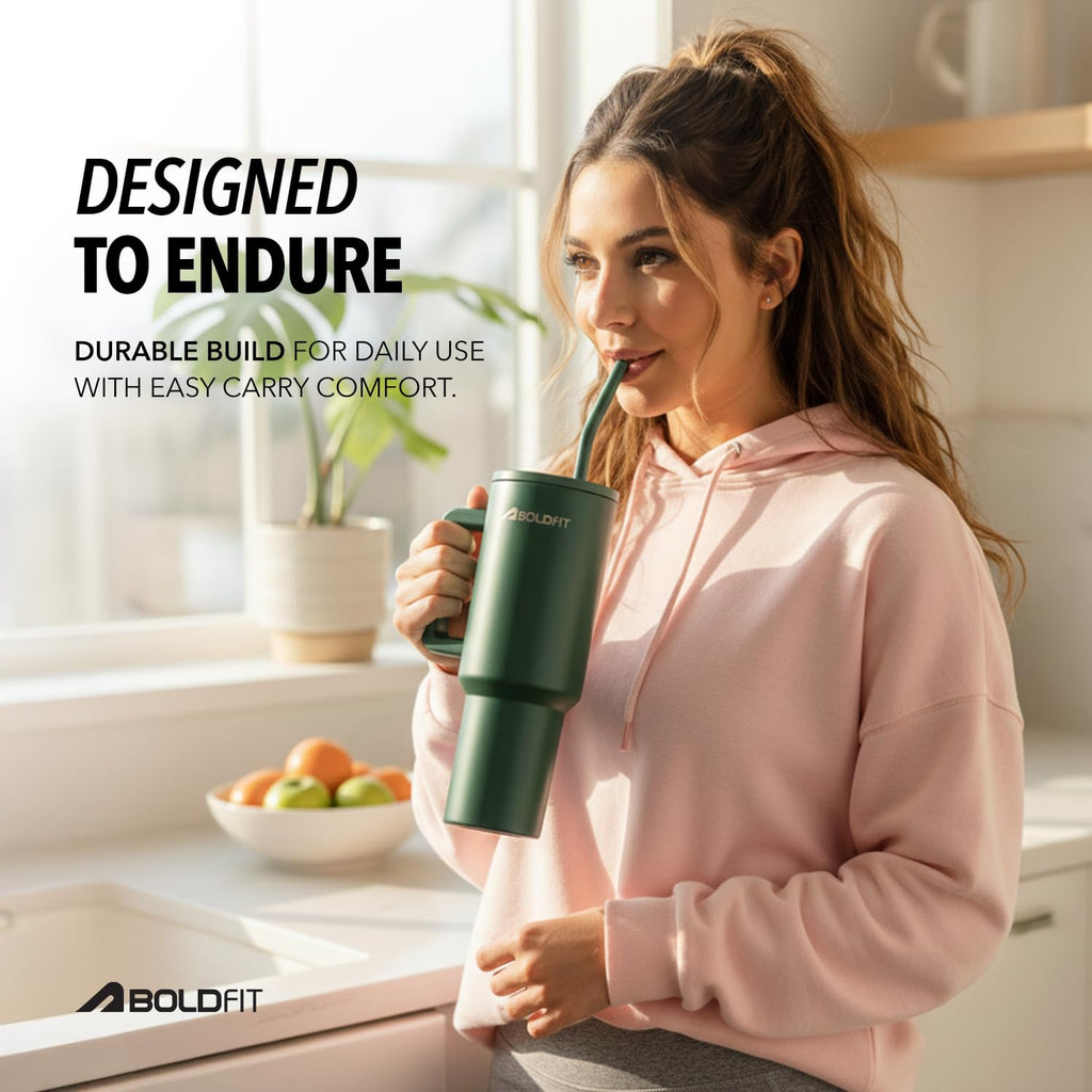 Boldfit Tumbler Bottle with Lid and Straw 1.2L Stainless Steel Water Tumbler | Leakproof Travel Mug with Handle & Reusable Straw Sipper with Cleaning Brush 1200ml