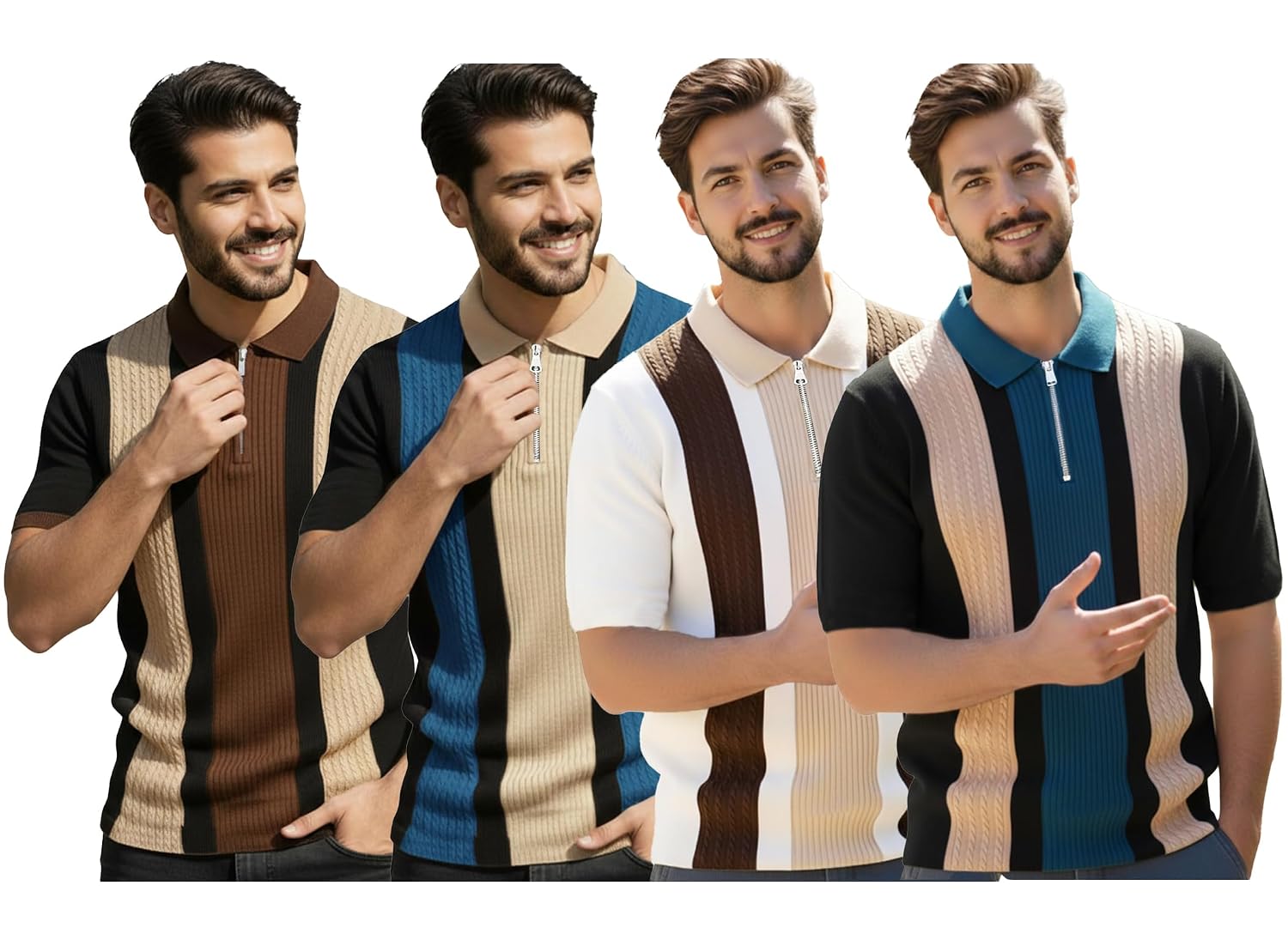 AUSK Men's Retro Cable-Knit Quarter-Zip Polo | Premium Textured Self-Design Half Sleeve T-Shirt for Men