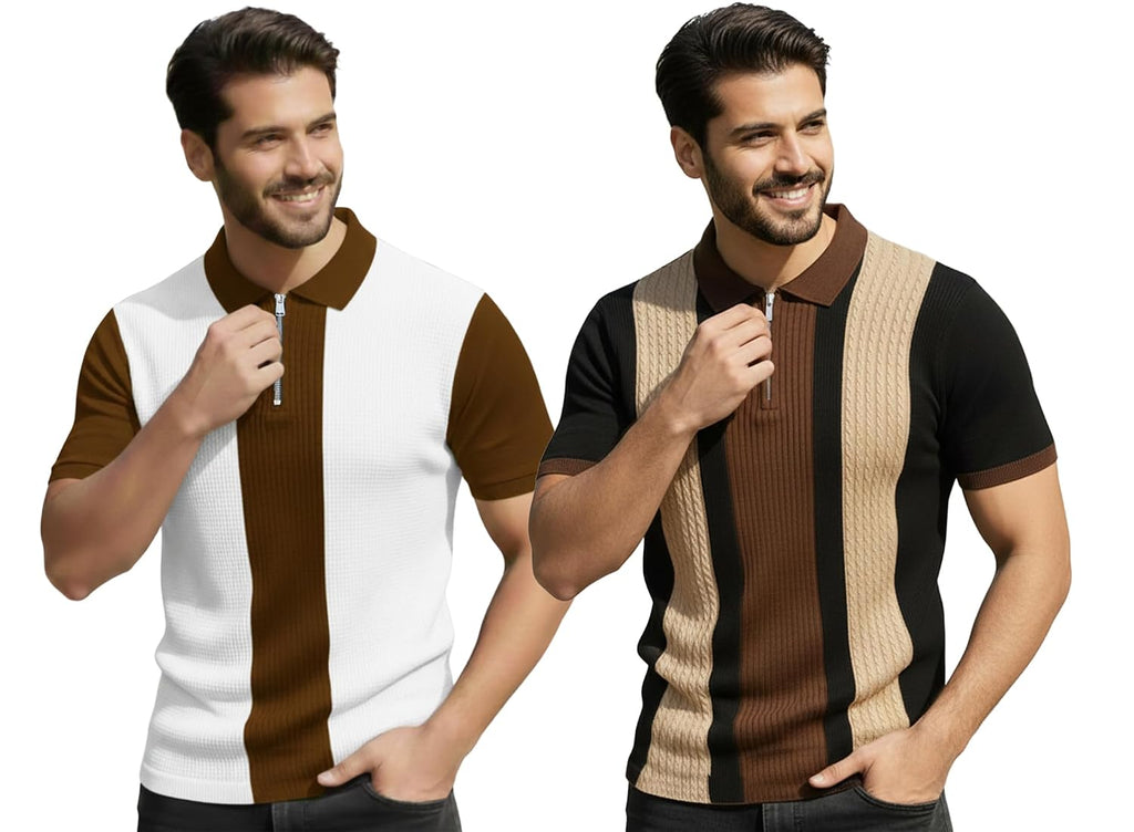 AUSK Men's Retro Cable-Knit Quarter-Zip Polo | Premium Textured Self-Design Half Sleeve T-Shirt for Men