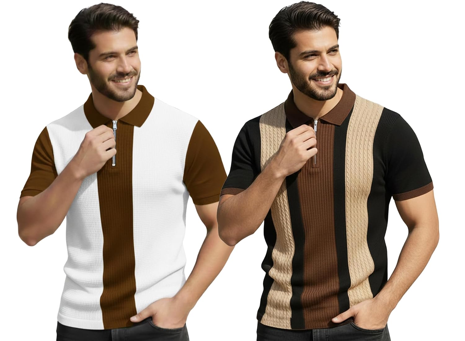AUSK Men's Retro Cable-Knit Quarter-Zip Polo | Premium Textured Self-Design Half Sleeve T-Shirt for Men