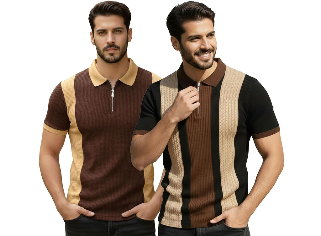 AUSK Men's Retro Cable-Knit Quarter-Zip Polo | Premium Textured Self-Design Half Sleeve T-Shirt for Men