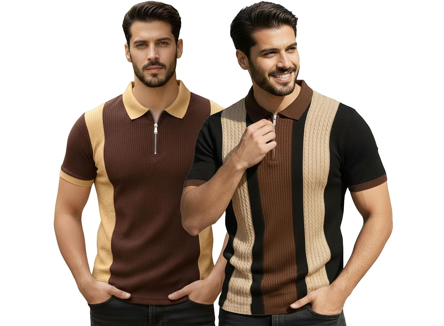 AUSK Men's Retro Cable-Knit Quarter-Zip Polo | Premium Textured Self-Design Half Sleeve T-Shirt for Men