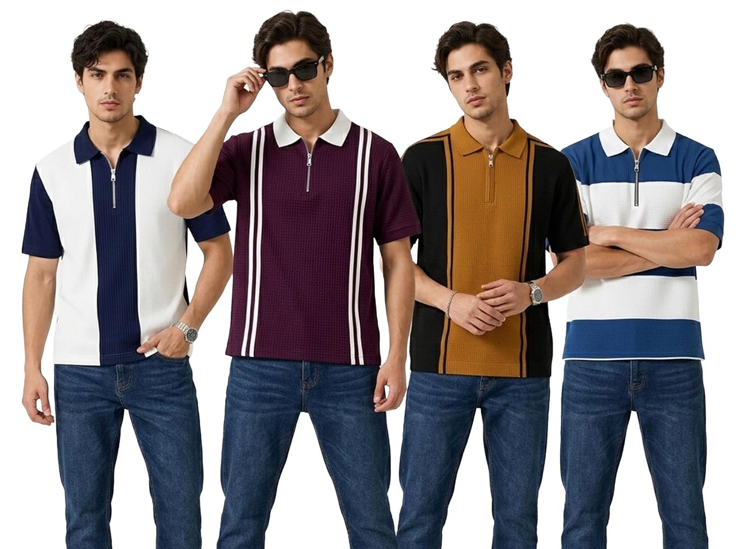 AUSK Men's Retro Cable-Knit Quarter-Zip Polo | Premium Textured Self-Design Half Sleeve T-Shirt for Men