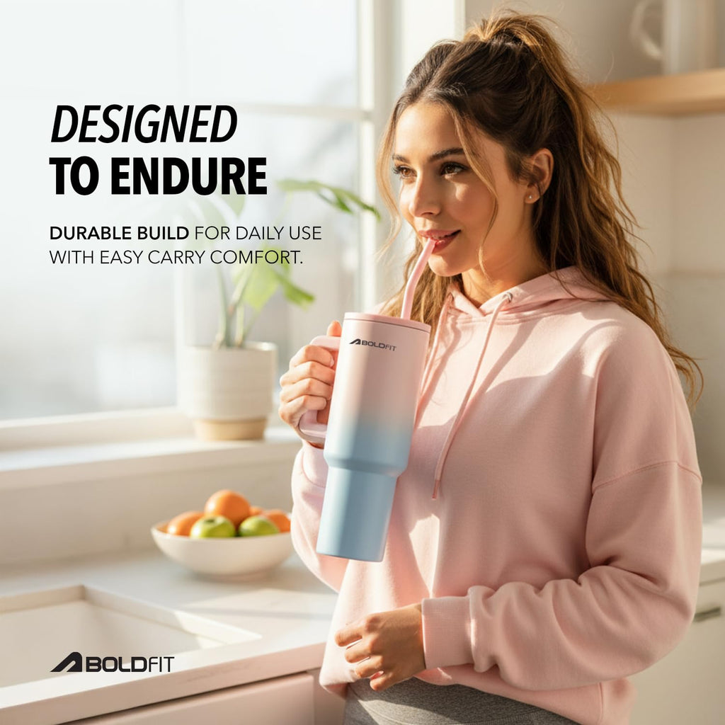 Boldfit Tumbler Bottle with Lid and Straw 1.2L Stainless Steel Water Tumbler | Leakproof Travel Mug with Handle & Reusable Straw Sipper with Cleaning Brush 1200ml