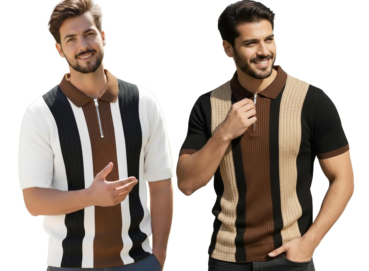 AUSK Men's Retro Cable-Knit Quarter-Zip Polo | Premium Textured Self-Design Half Sleeve T-Shirt for Men