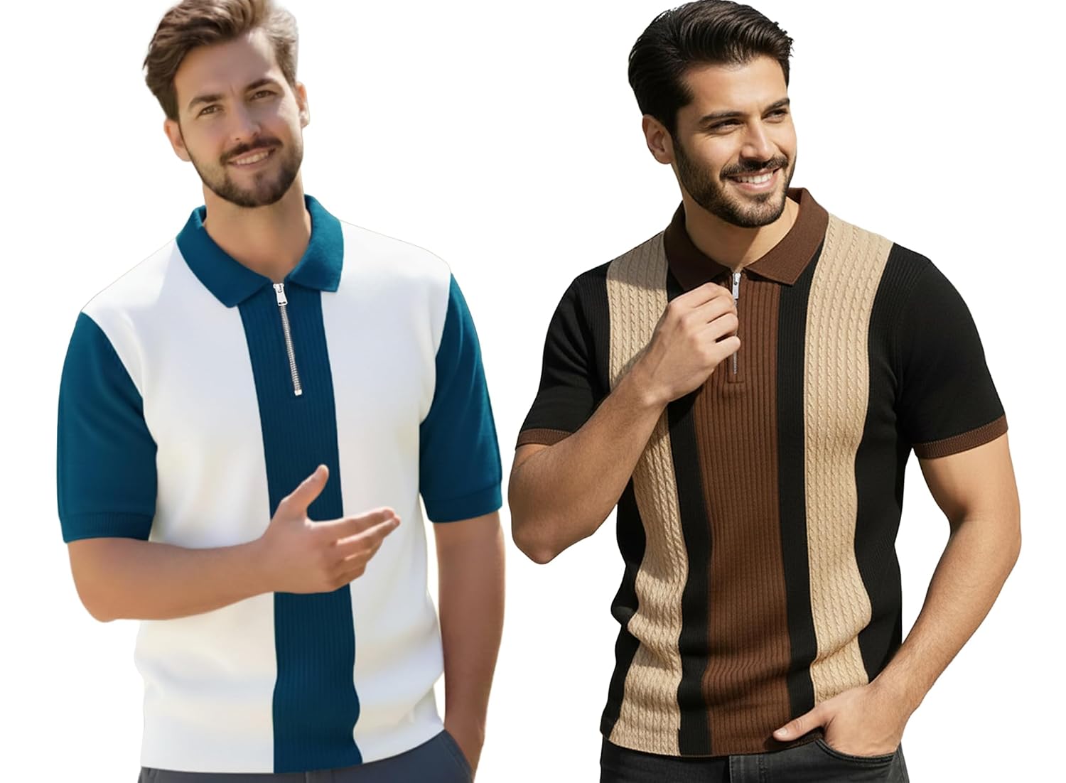 AUSK Men's Retro Cable-Knit Quarter-Zip Polo | Premium Textured Self-Design Half Sleeve T-Shirt for Men