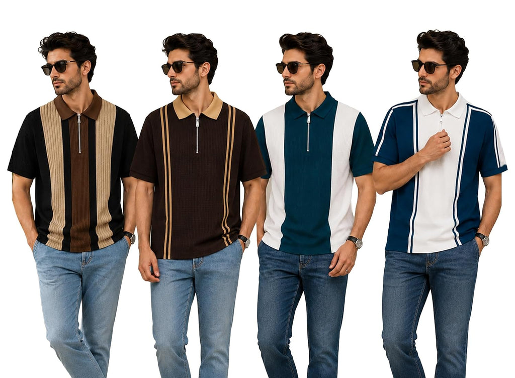 AUSK Men's Retro Cable-Knit Quarter-Zip Polo | Premium Textured Self-Design Half Sleeve T-Shirt for Men