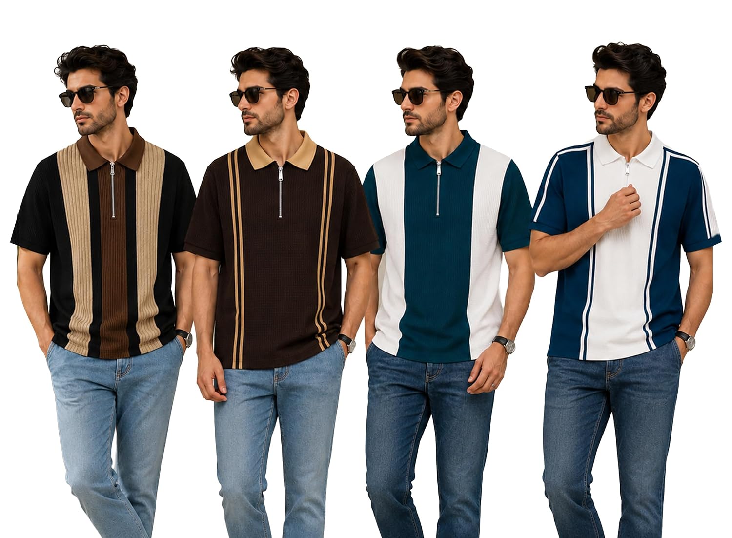 AUSK Men's Retro Cable-Knit Quarter-Zip Polo | Premium Textured Self-Design Half Sleeve T-Shirt for Men